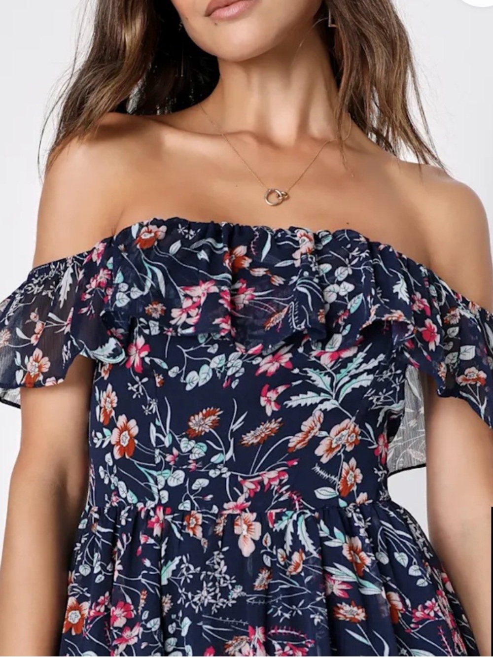 Lulus Cottagecore Floral Ruffle Romantic Off Shoulder Chiffon Dress Blue XS